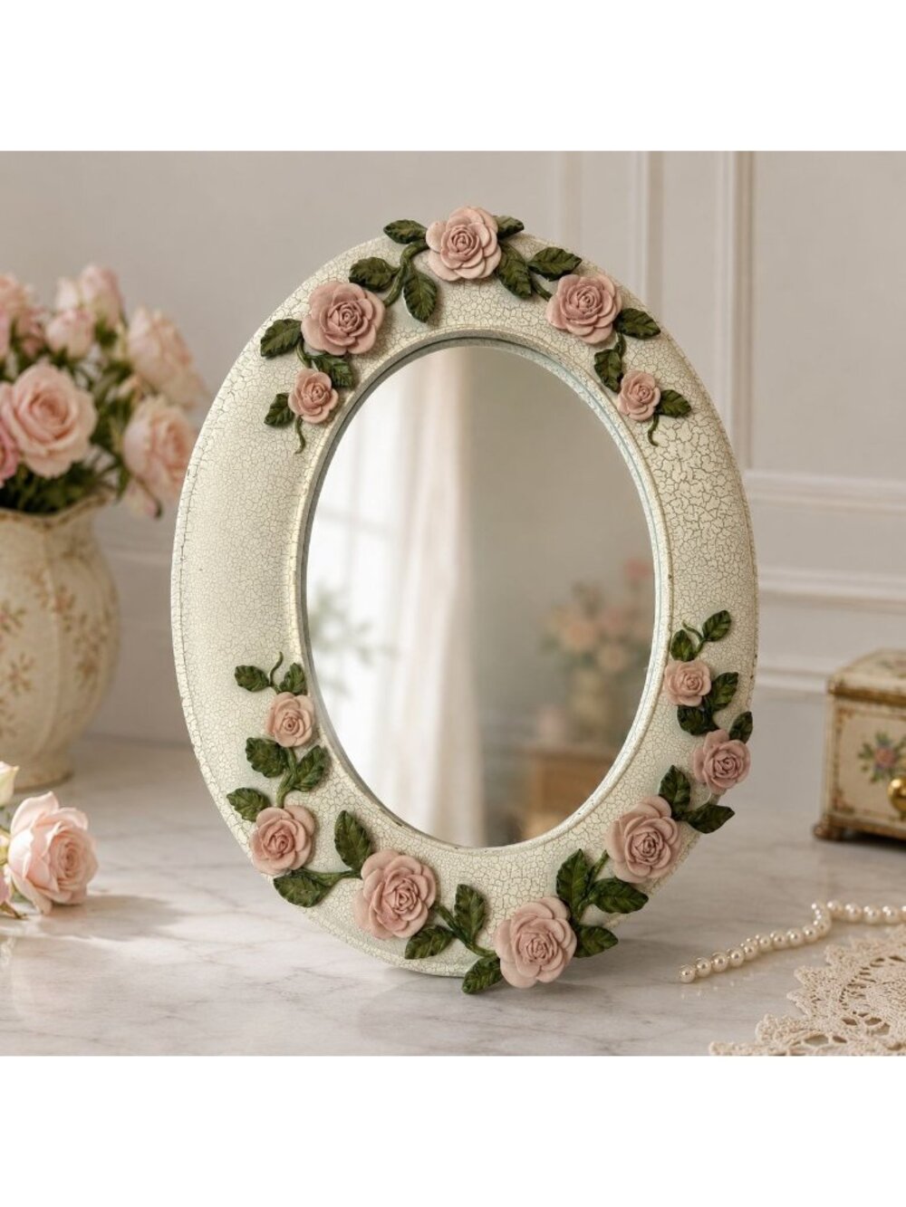 Homco Oval Mirror Roses Distressed White Frame VTG Shabby Chic French Country